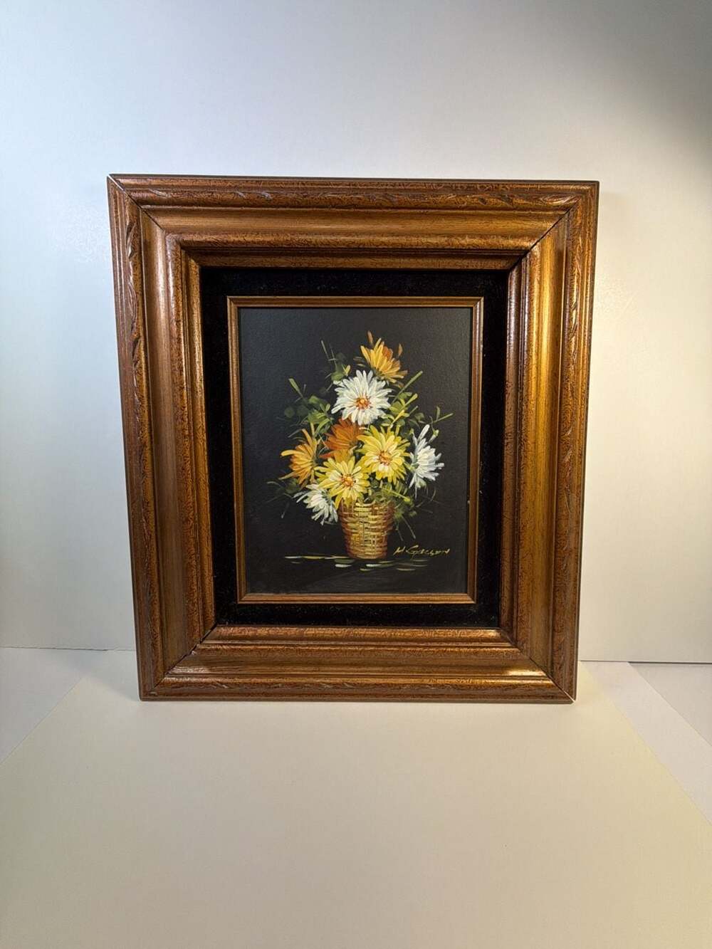 Vintage M. Gibson Floral Still Life Oil Painting in Ornate Gold Frame